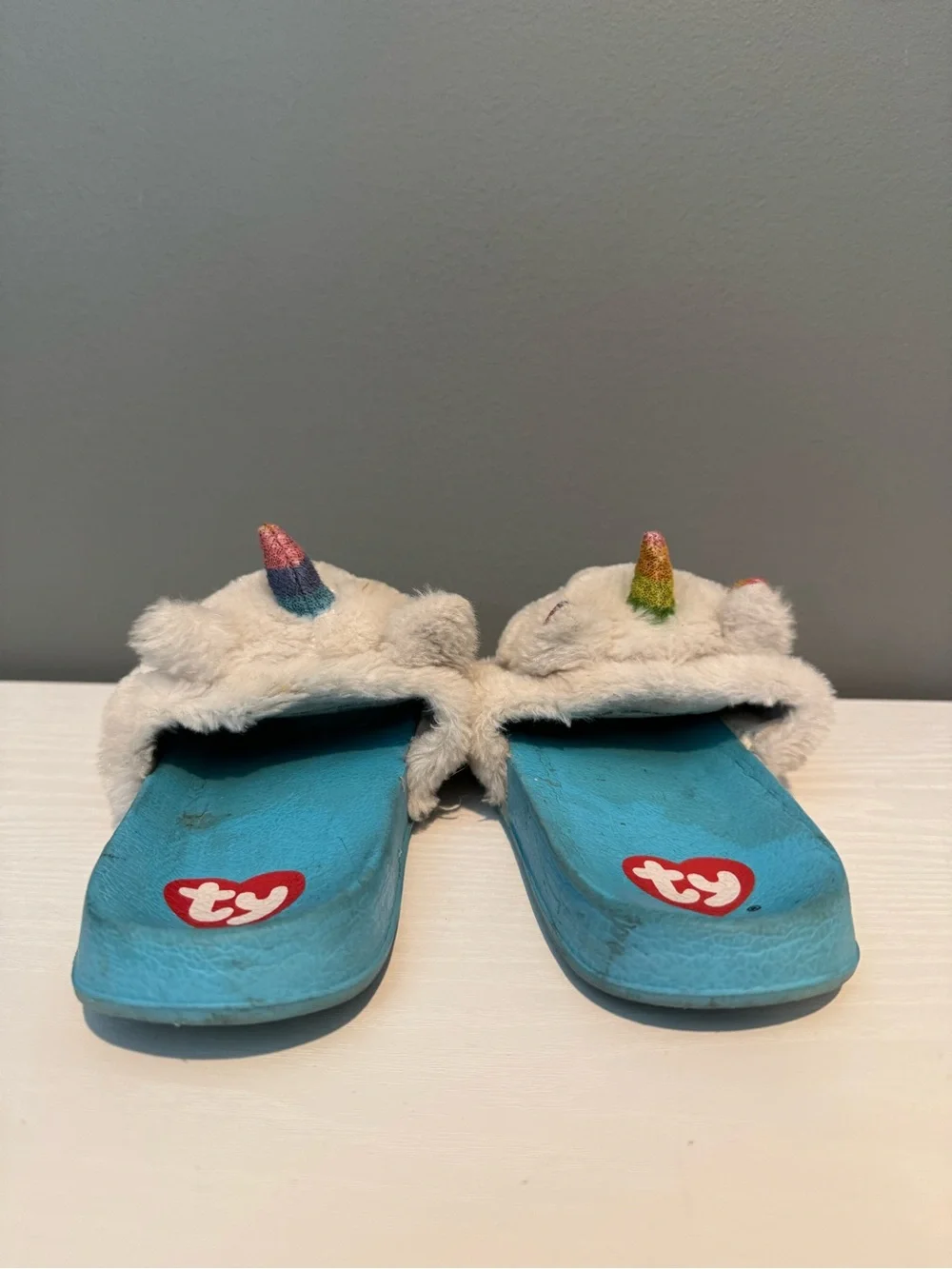 Ty Plush Unicorn Slide Sandals - Blue and White with Rainbow Horns